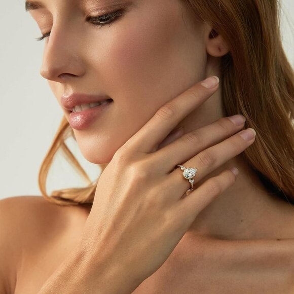 2CT 925 Sterling Silver Engagement Rings Pear Cut Wedding Teardrop Bridal Halo C - Picture 5 of 6